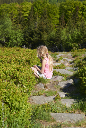  Child blond little girl picking fresh berries on blueberry field in forest. Child pick blue berry in the woods.  © Petr Bonek