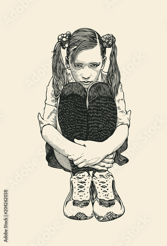 Sad Girl Teenager. Hand Drawn Character. Engraving Style. Vector Illustration