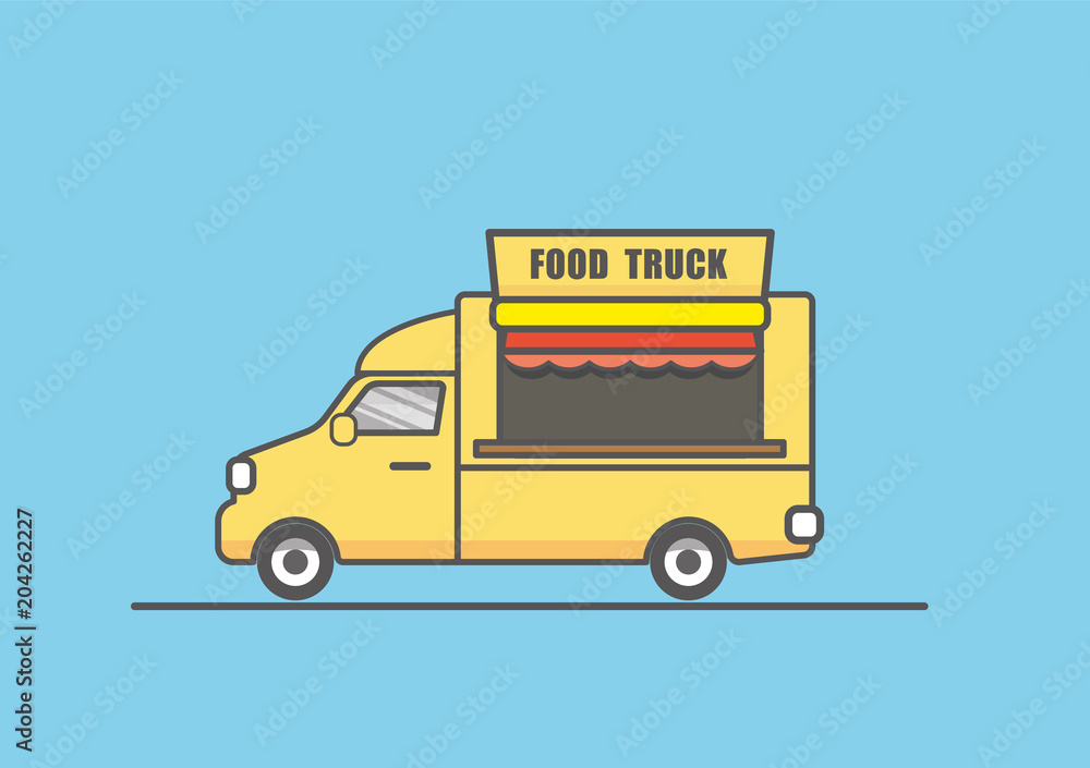vector illustration of flat yellow food truck line art