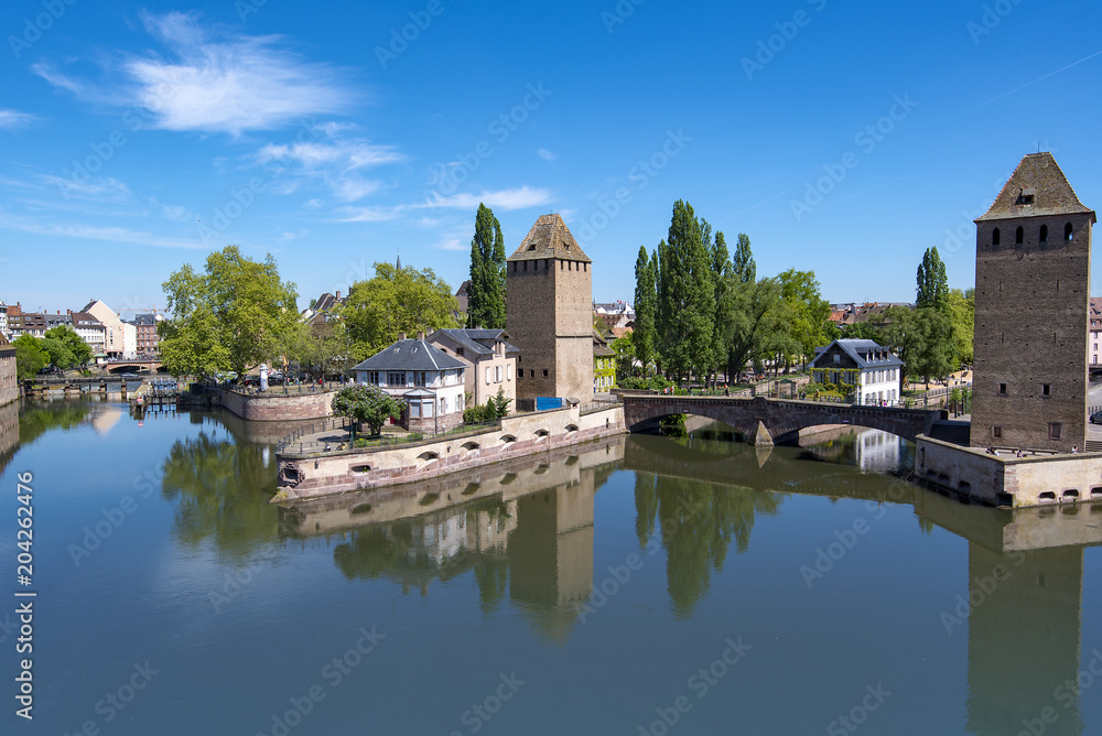 View to the Old Town of Strasbourg and Vauban Dam in France