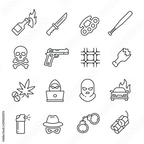 Crime related icons: thin vector icon set, black and white kit