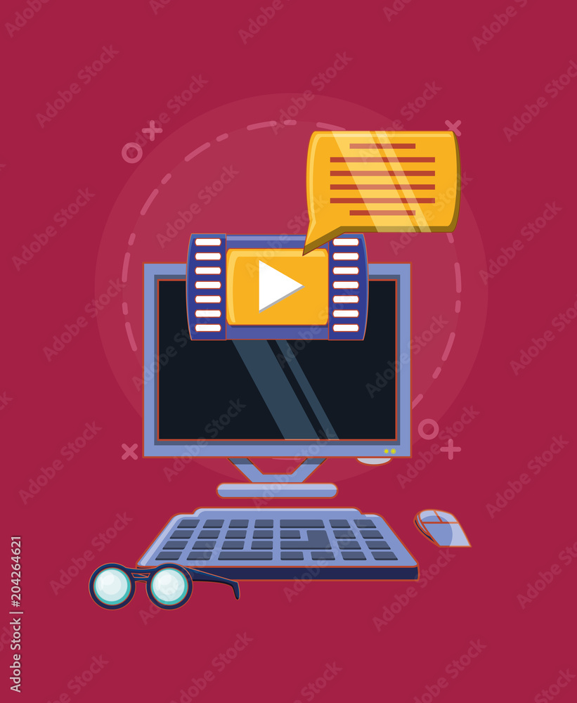 social media design with computer and video player and speech bubble over purple background, colorful design. vector illustration social media design with computer and video player and speech bubble over purple background, colorful design. vector illustration