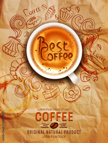 Hand-drawn vector doodles on a coffee theme: cups, turka, curls, cake, cinnamon, donuts, candies, coffee beans, sweets with cup of coffee on a background of old, crumpled paper . Elements for design