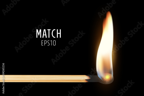 Vector 3d realistic burning match stick icon closeup on dark background. Symbol of ignition, burning and withering. Design template, clipart for graphics