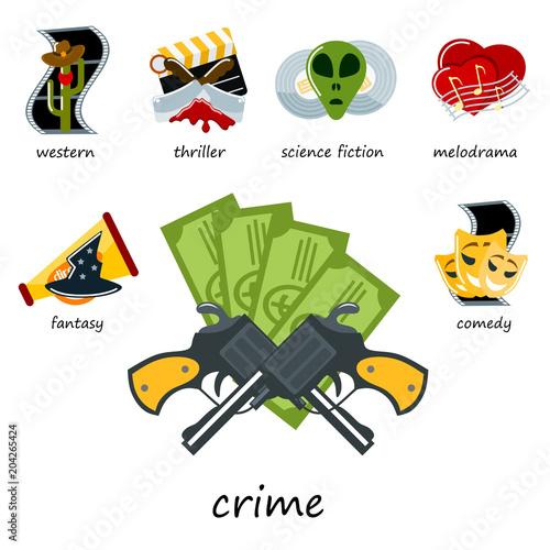 Cinema genre icons set cinematography flat entertainment comedy drama thriller movie production symbol vector illustration.