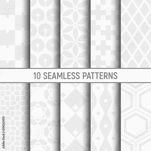 Set of ten seamless patterns. White and grey geometric textures.