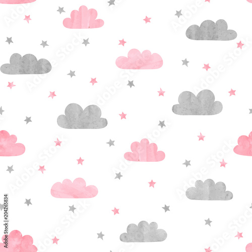 Tapety różowe i szare chmury oraz gwiazdy akwarelą