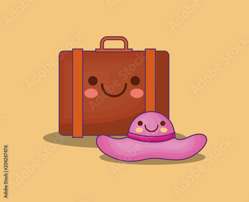 kawaii suitcase and beach hat over yellow background, colorful design. vector illustration