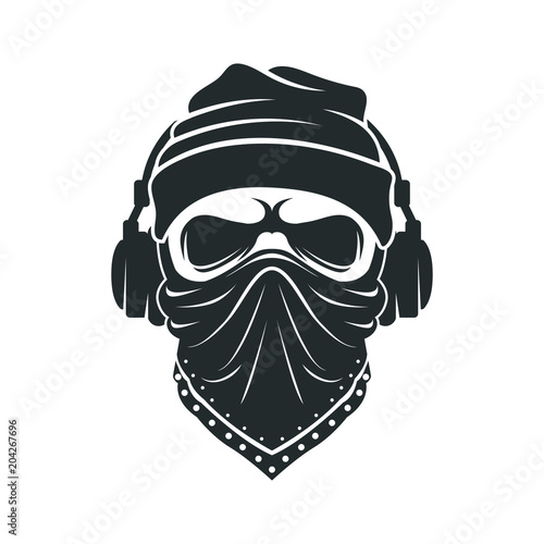Skull in a knitted cap with headphones and in a bandana. DJ bandit