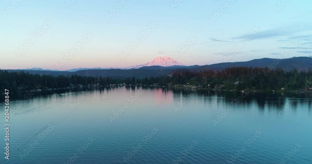 Mount Rainier Clear Lake View Flying By Boat Reflection Sunset Red Glow Drone Aerial Mount Rainier Clear Lake View Flying By Boat Reflection Sunset Red Glow Drone Aerial