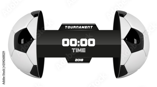 Vector of soccer league with team competition and scoreboard isolated on white background. Football White Banner With 3d Ball and Scoreboard. Soccer game match. Half football ball