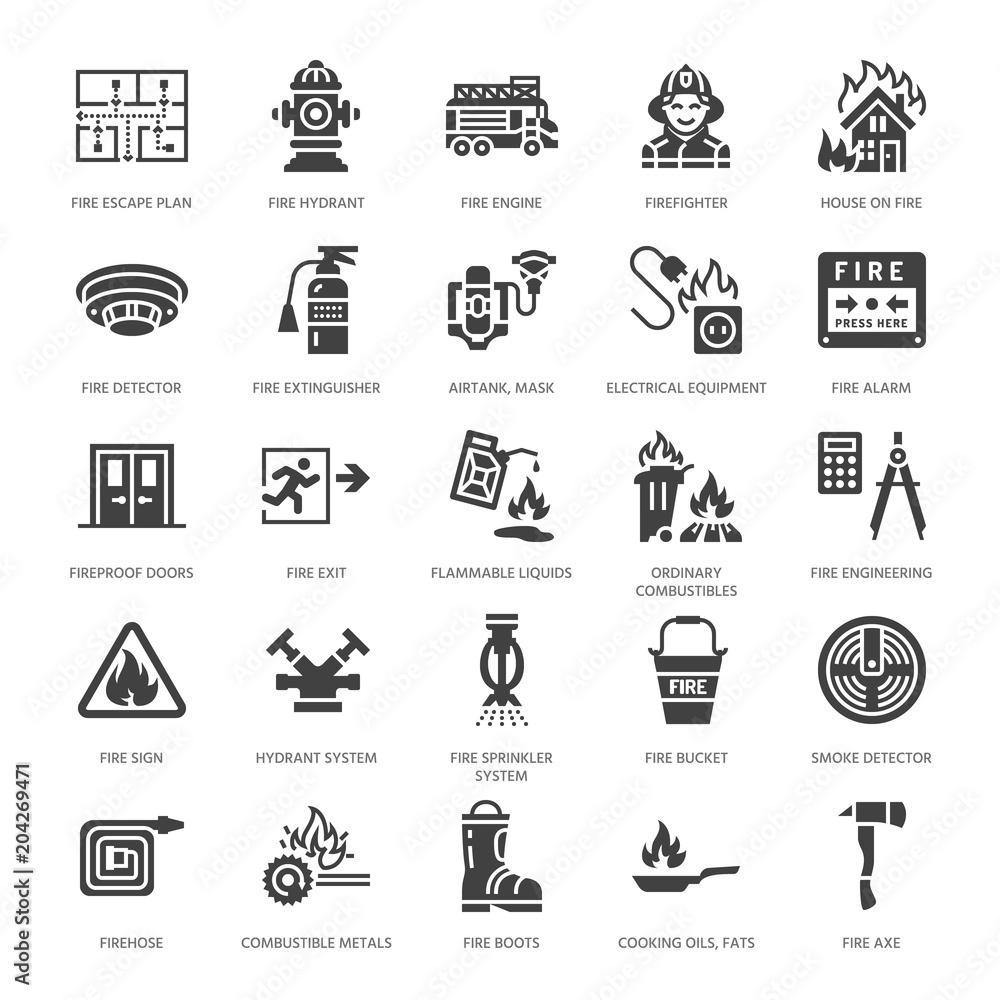 Fototapeta premium Firefighting, fire safety equipment flat glyph icons. Firefighter car, extinguisher, smoke detector, house, danger signs, firehose. Flame protection pictogram. Solid silhouette pixel perfect 64x64.