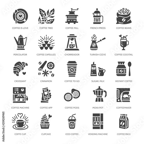Coffee making equipment flat glyph icons. Elements - moka pot french press, grinder, espresso, vending, plant, croissant. Restaurant, shop pictogram. Solid silhouette pixel perfect 64x64.