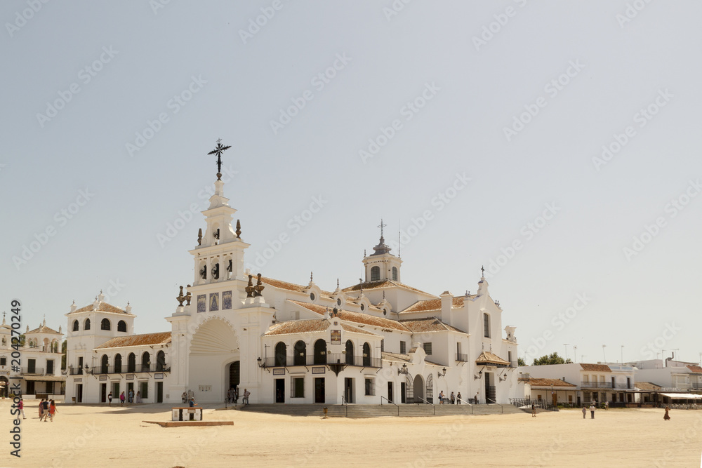 The Hermitage of El Rocio. The Church is home to the Virgin of El Roci­o in the countryside of Almonte, Province of Huelva, Andalusia, Spain