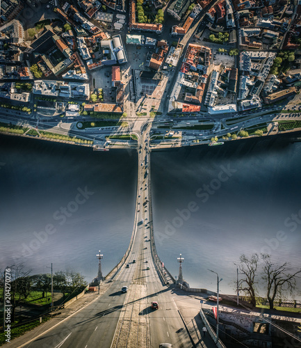 City Riga Inception curve dimension Old town, Daugava river, Bridge road and cars drone sphere 360 vr view