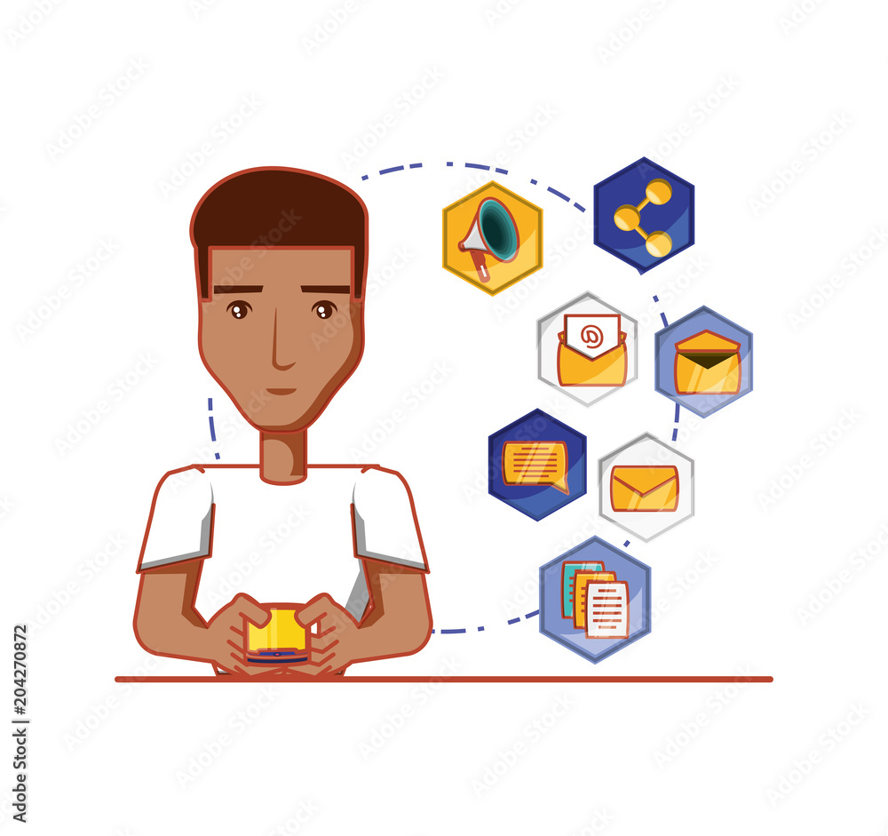 black businessman with social media icons vector illustration design