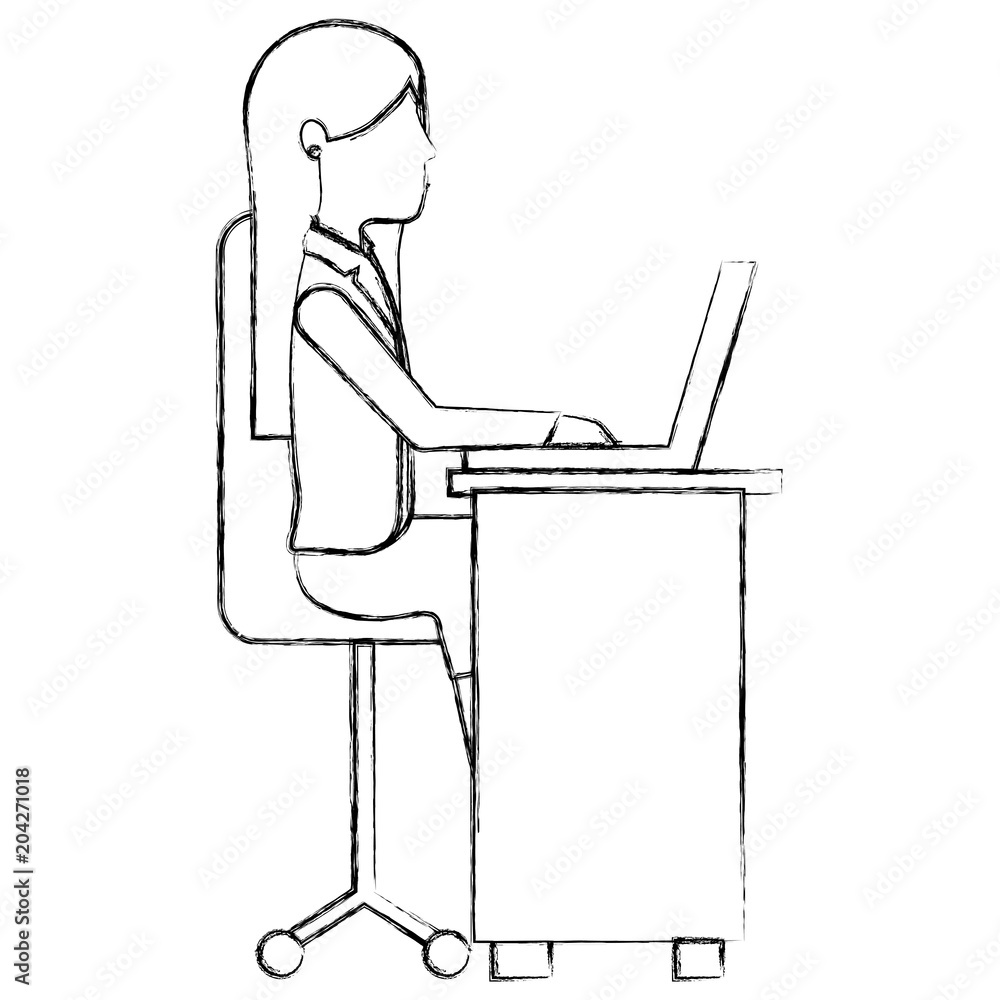 young woman in office chair and desk avatar character vector illustration design