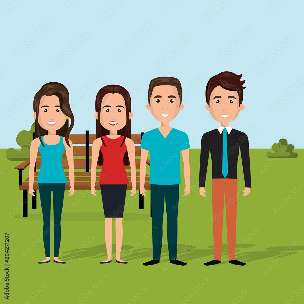 young people in the field characters scene vector illustration design