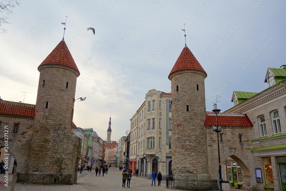 Entrance through the Viru gate to Tallinn's Old Town which is one of the best preserved medieval cities in Europe and is listed as a UNESCO World Heritage Site