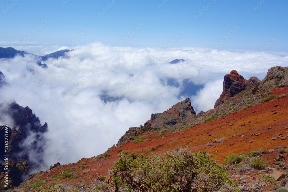 Hiking trail GR131 Rute de los Volcanes leading on the edge of Caldera de Taburiente which is the largest erosion crater in the world, La Palma, Canary Islands, Spain