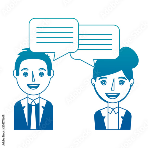 woman and man with dialog speech bubbles vector illustration neon design