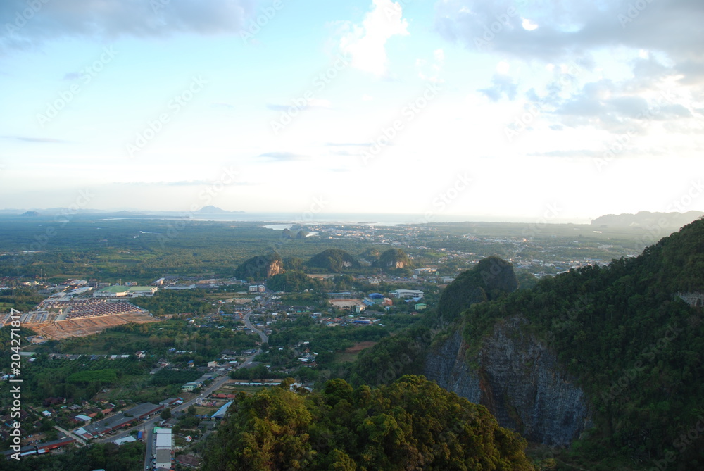View from Tiger Cave to Krabi rocks and fields, Thailand