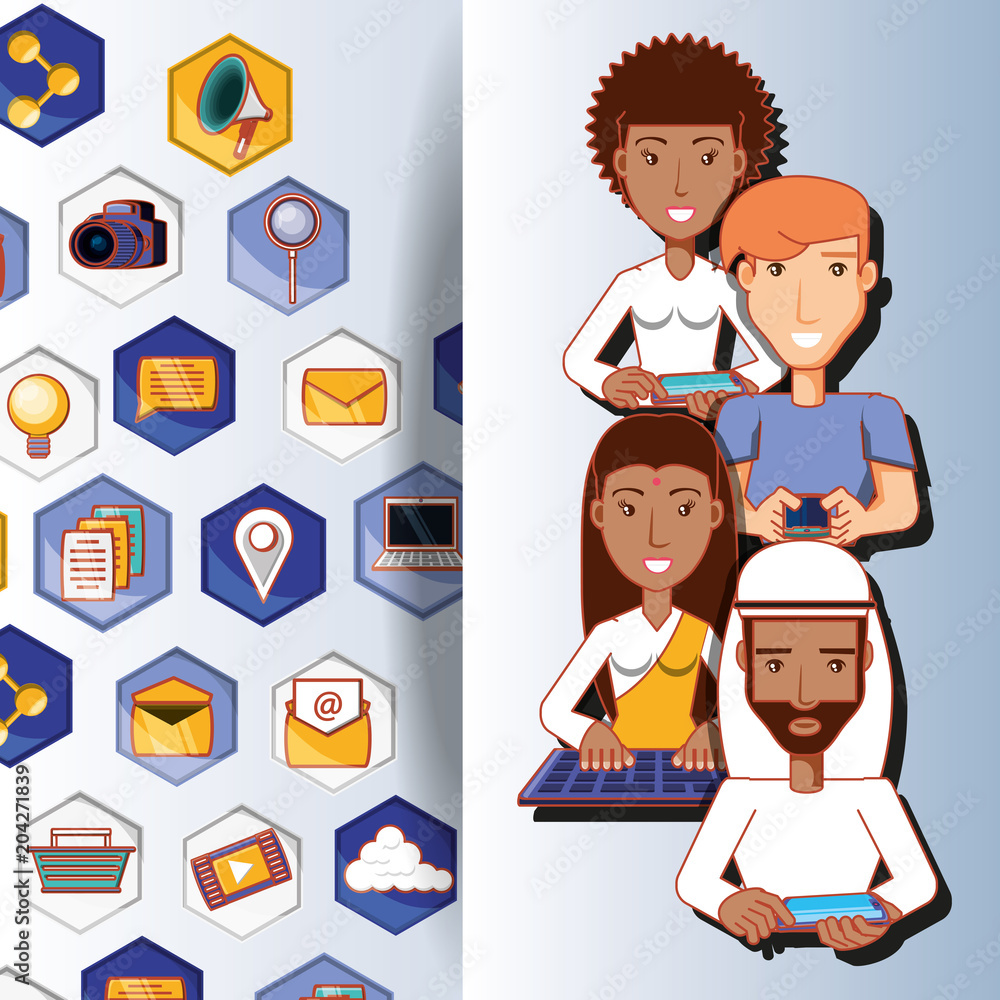people of different ethnic groups with social media icons vector illustration design people of different ethnic groups with social media icons vector illustration design