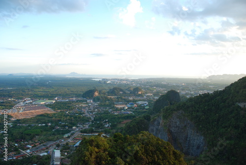 View from Tiger Cave to Krabi rocks and fields, Thailand