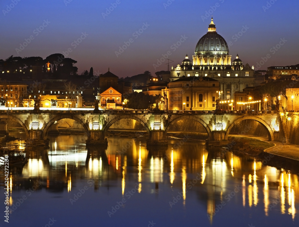 Bridge of Sant Angelo and Basilica of St. Paul in Rome. Italy