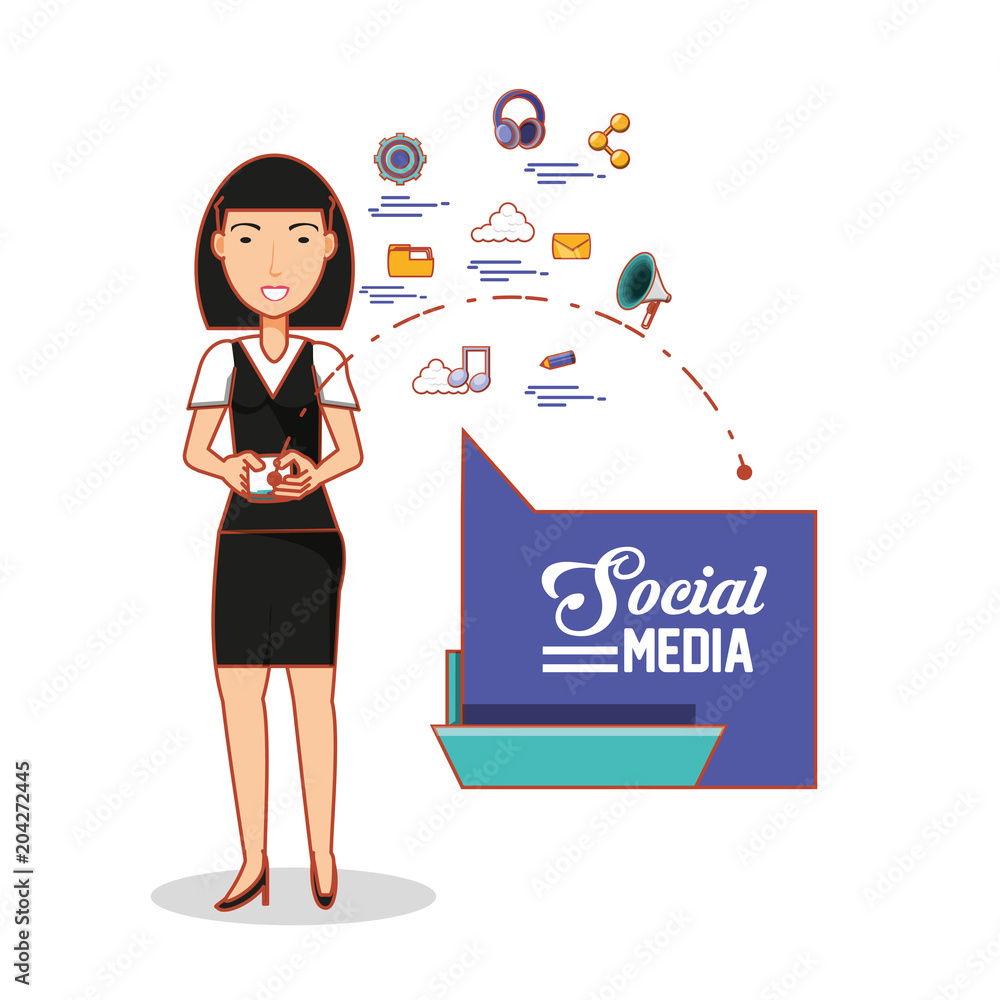 businesswoman with social media icons vector illustration design businesswoman with social media icons vector illustration design