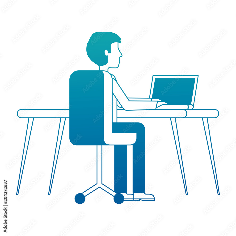 young man working in workplace desk and computer vector illustration neon design young man working in workplace desk and computer vector illustration neon design