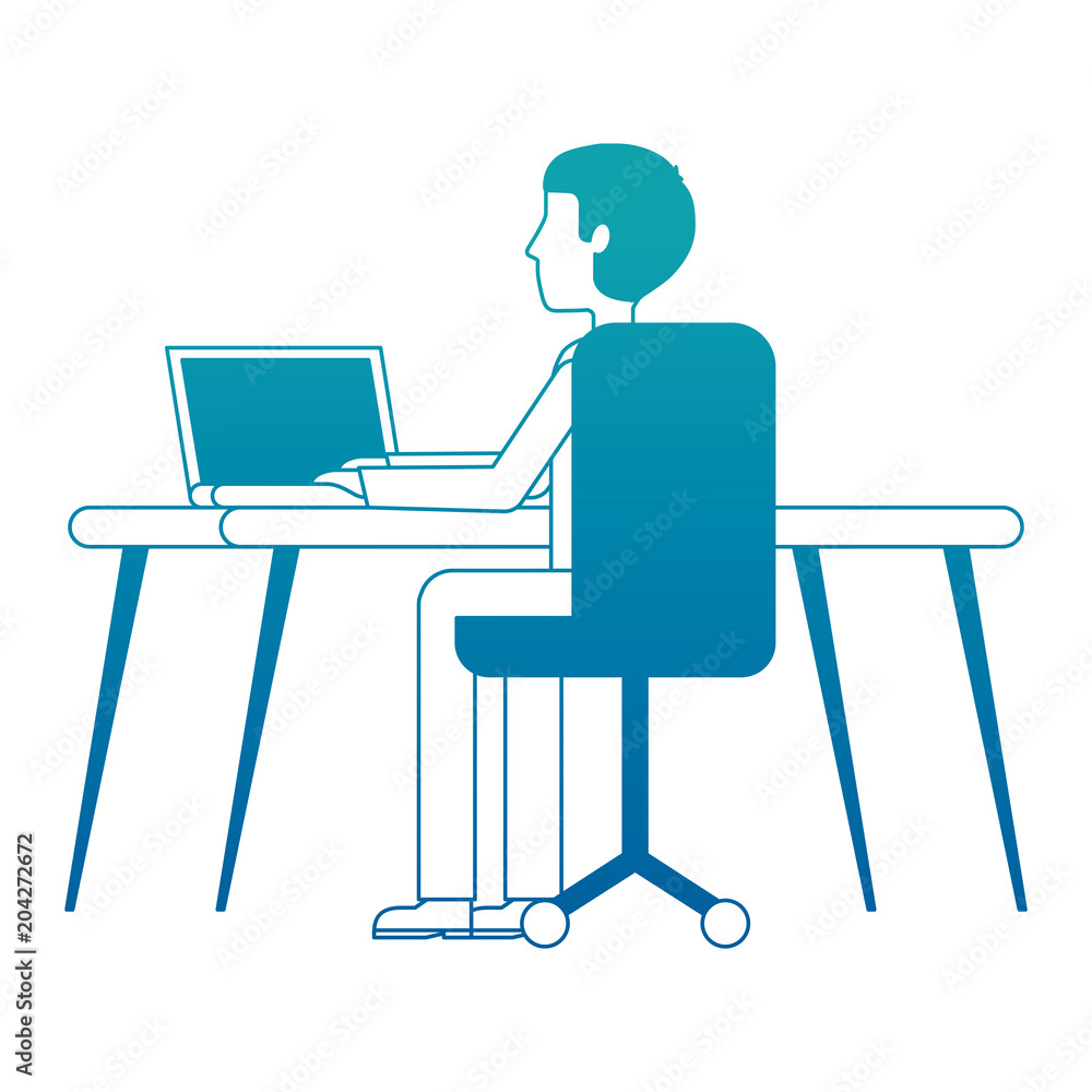 young man working in workplace desk and computer vector illustration neon design young man working in workplace desk and computer vector illustration neon design