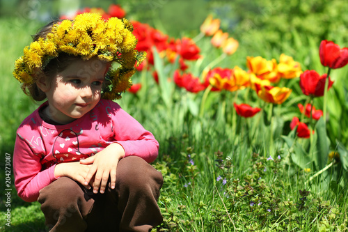 Portrait of a cute two years old girl wearing a dandelion wreath, sitting near the tulip flower bed