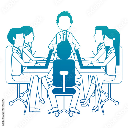 meeting business people teamwork office working sitting conference table vector illustration neon design
