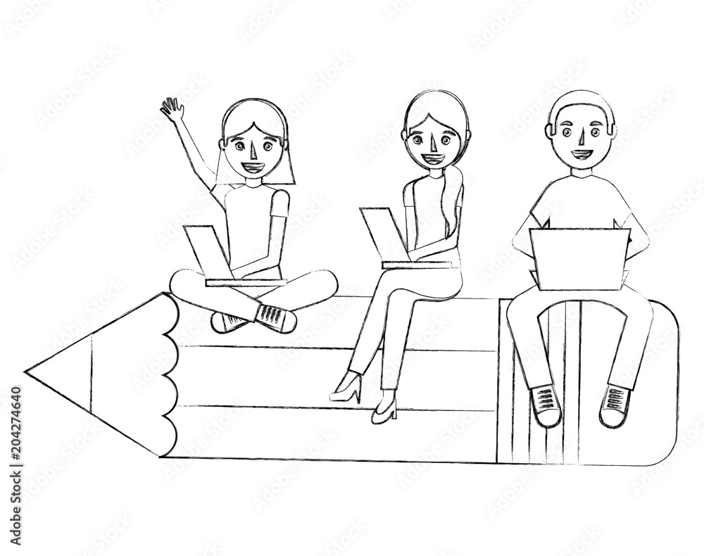 group students sit on school pencil with her laptops vector illustration sketch