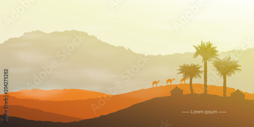 Landscape of the desert with camels and palm trees.