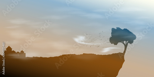 Landscape with tree on a precipice in the wind.
