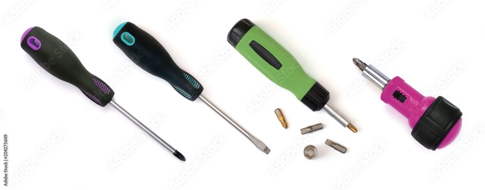 Hand tools for repair and installation: screwdriver on white background Hand tools for repair and installation: screwdriver on white background