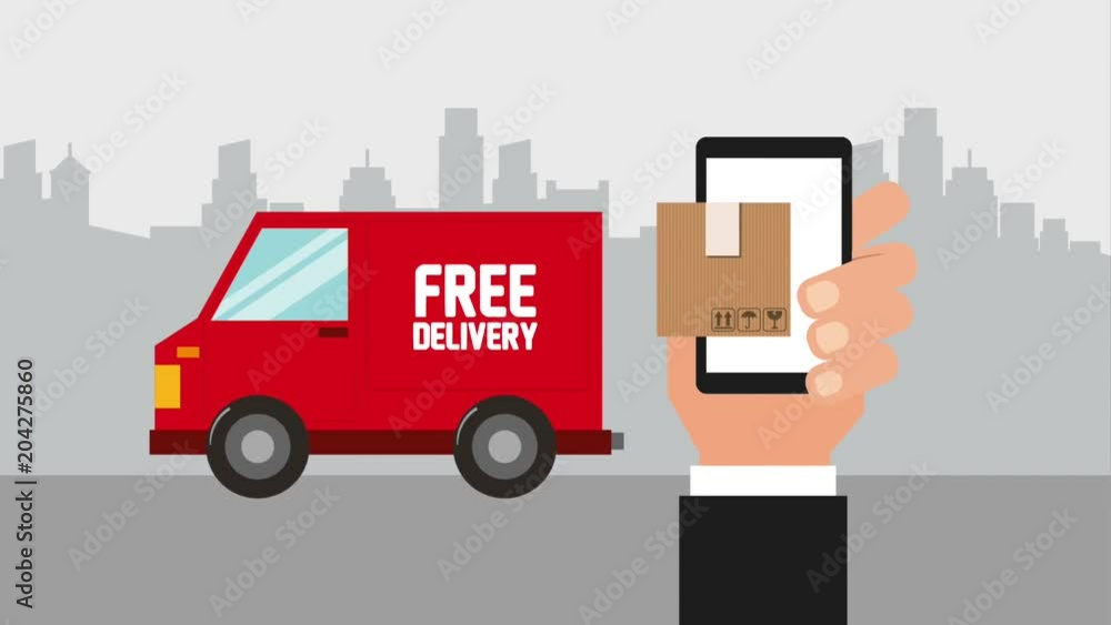 hand holds smartphone free delivery truck in the city hand holds smartphone free delivery truck in the city