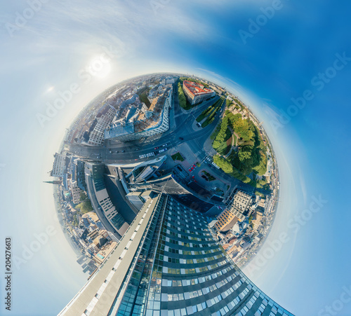 Sphere Planet City center houses in Riga city, Hotel, Latvia 360 VR Drone picture for Virtual reality, Panorama photo