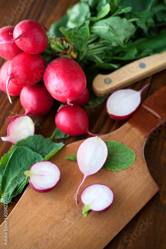 Organic fresh radish on a wooden table