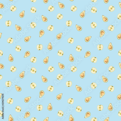 Seamless pattern with the image of an apple and avocado.