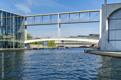 Photography River Spree and the footbridge Mierscheid-Steg connecting Paul-Loebe House with