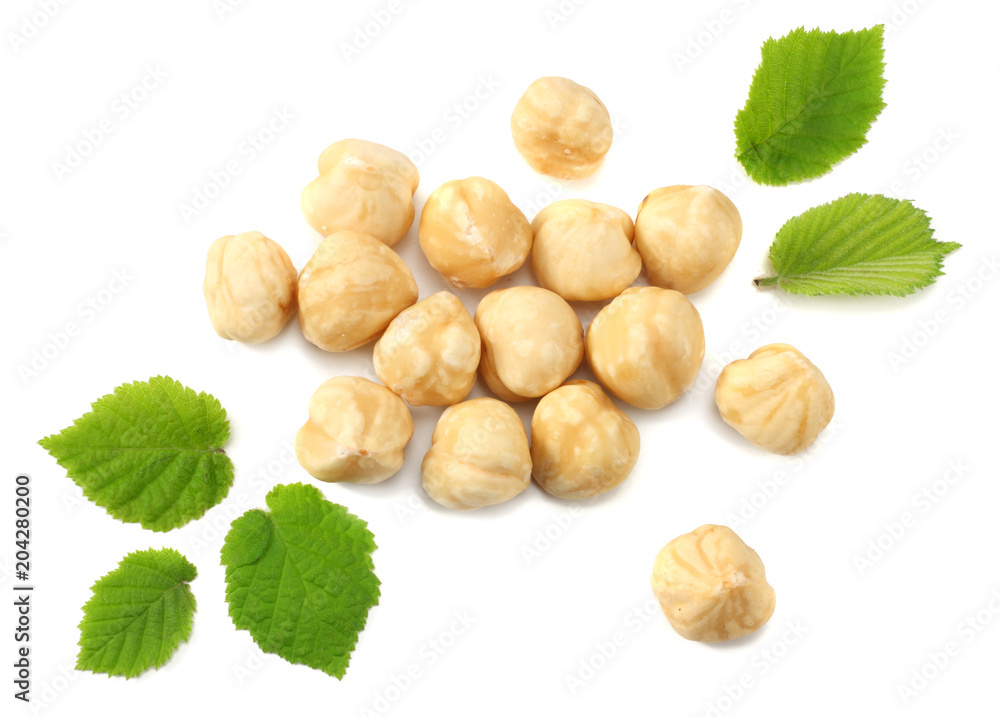 hazelnuts with leaves isolated on white background. top view hazelnuts with leaves isolated on white background. top view