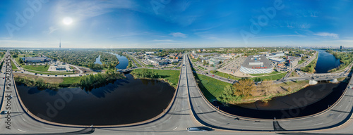 City Riga Bridge road and cars drone sphere 360 vr view