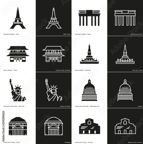 Landmark Icon Pack 1. Glyph and line style icons of various famous landmark buildings from around the world.