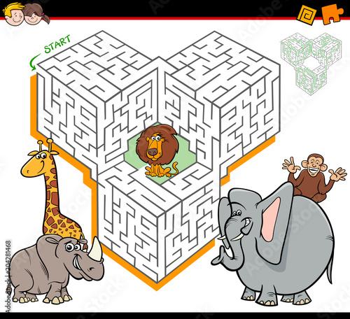 cartoon maze activity with safari animal characters