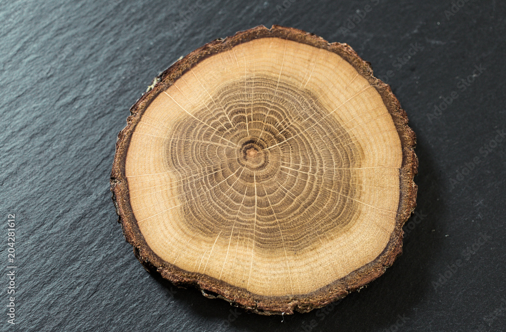 wood disc on slate