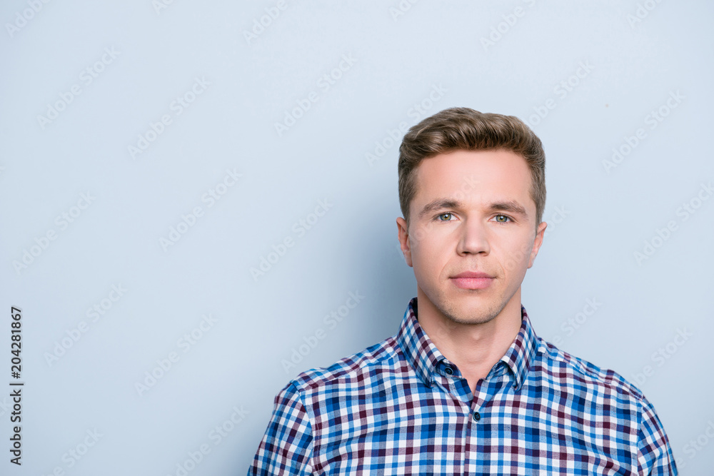 Close up portrait of serious focused handsome leader attractive concentrated confident clever thoughtful freelancer wearing casual outfit isolated on gray background copyspace empty blank place Close up portrait of serious focused handsome leader attractive concentrated confident clever thoughtful freelancer wearing casual outfit isolated on gray background copyspace empty blank place