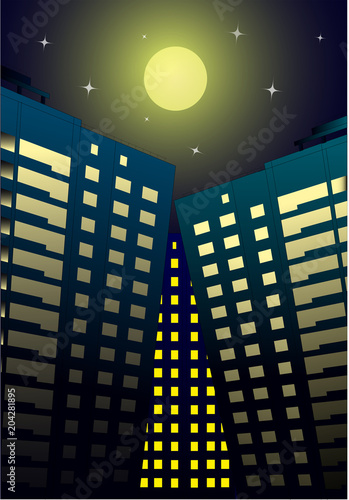 Night City Life Concept. Town street. Urban Landscape Banner with buildings, shop, stores, sky and sun. Vector.